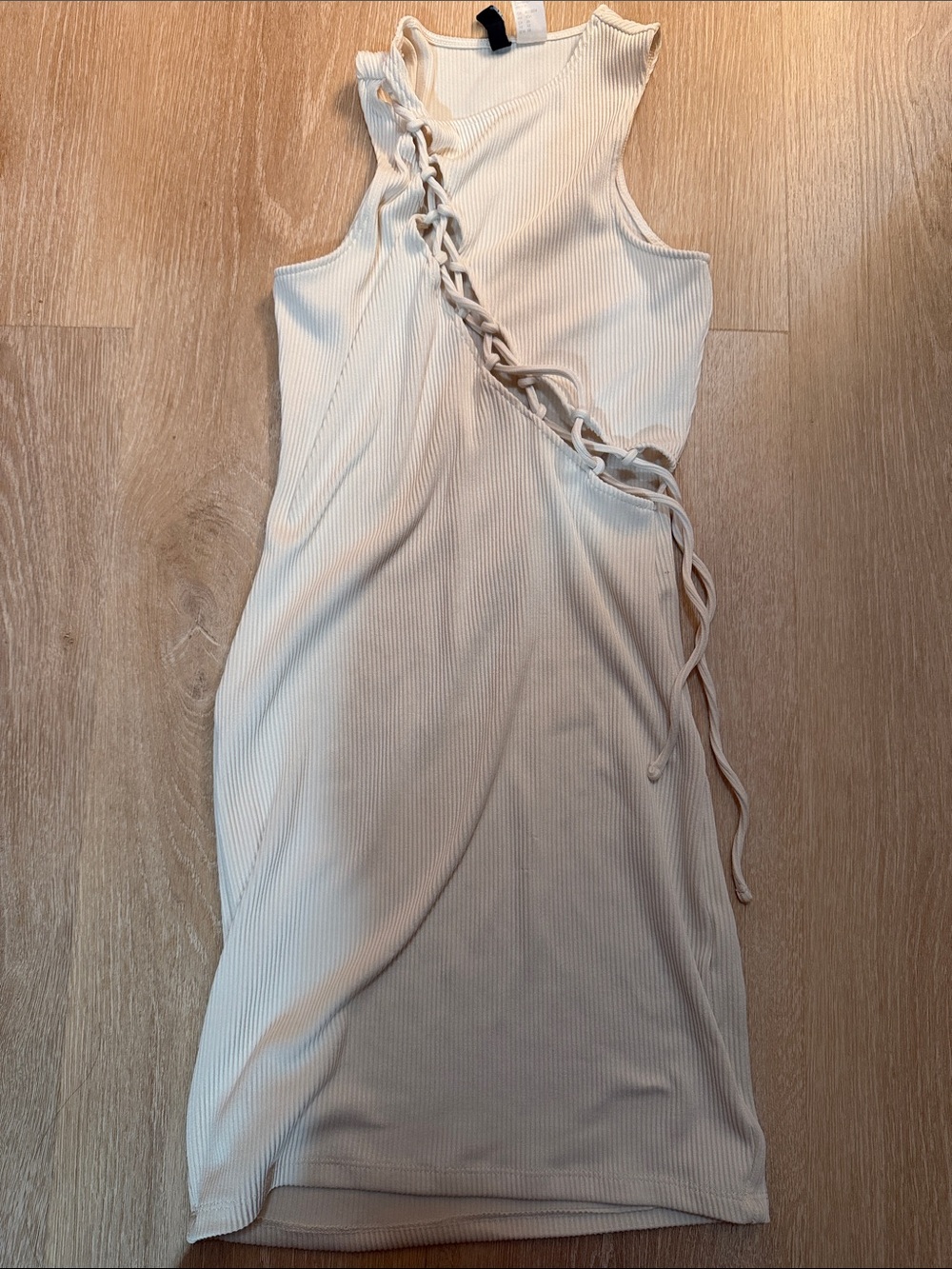 H&M Cream Ribbed Lace-Up Side Midi Dress